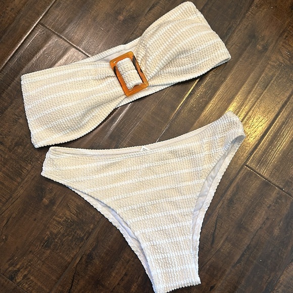 Hot!! NWOT Strapless Bikini Set Size S khaki & White - Picture 2 of 5